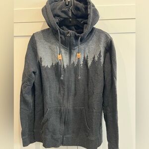 tentree Charcoal Gray Hooded Zip Sweatshirt with Forest Motif